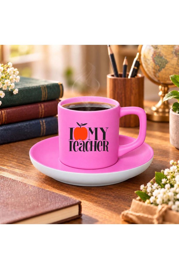Matte Pink Turkish Coffee Cup and Saucer with I Love My Teacher Design