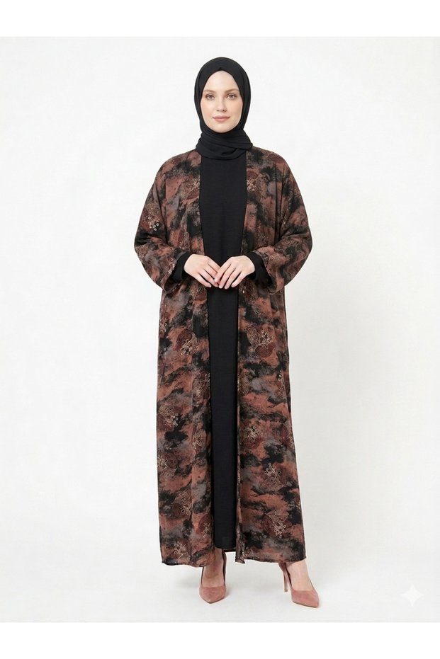 Rizqé Chocolate & Black Printed Nida Abaya