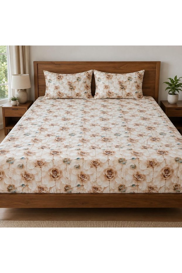 Floral Rose Print Double Bed Sheet Set with 2 Pillow Covers