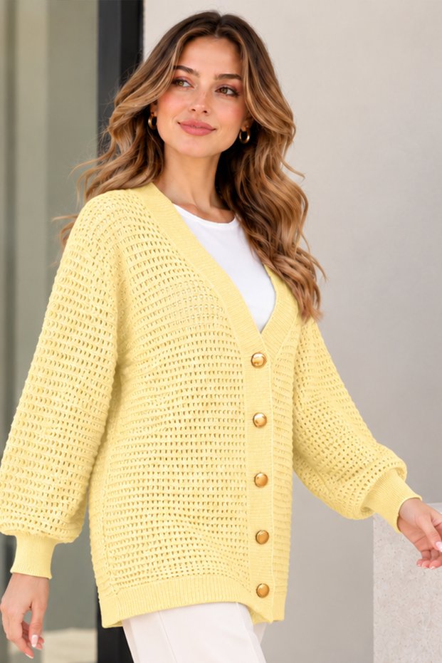 Openwork Mercerized Cardigan N3345 Lemon Yellow