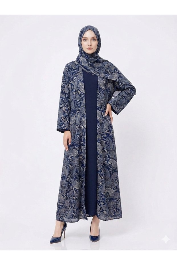 Rizqé Midnight Blue Paisley Pashmina-Feel Kimono Abaya Set