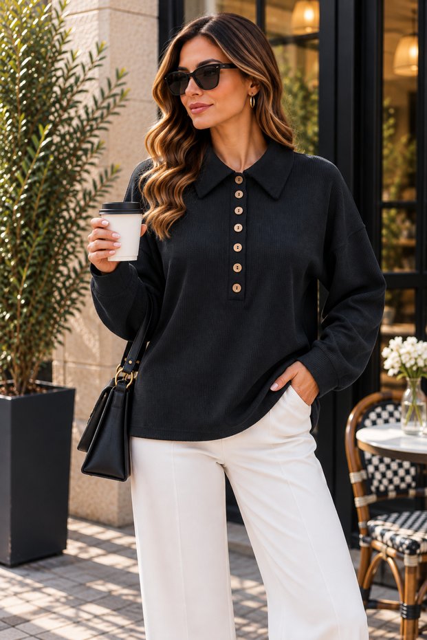 Timeless Elegance – Women's Shirt with Collar Button Detail, Waffle Fabric, Long Sleeve Blouse
