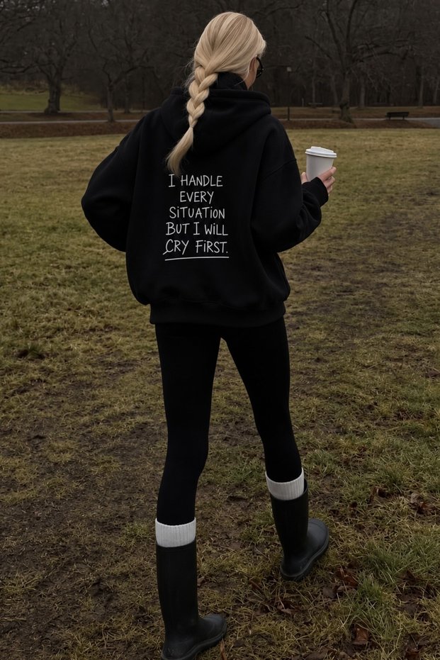 Women's Oversize Hoodie Cry First Printed Black – Hooded, Kangaroo Pocket, 3-Thread Ribbed Fleece