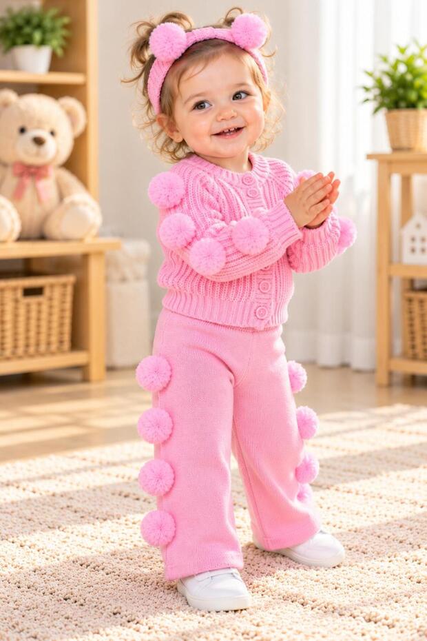 Girl's Pink Pompom Knitwear Sweater and Pants Set