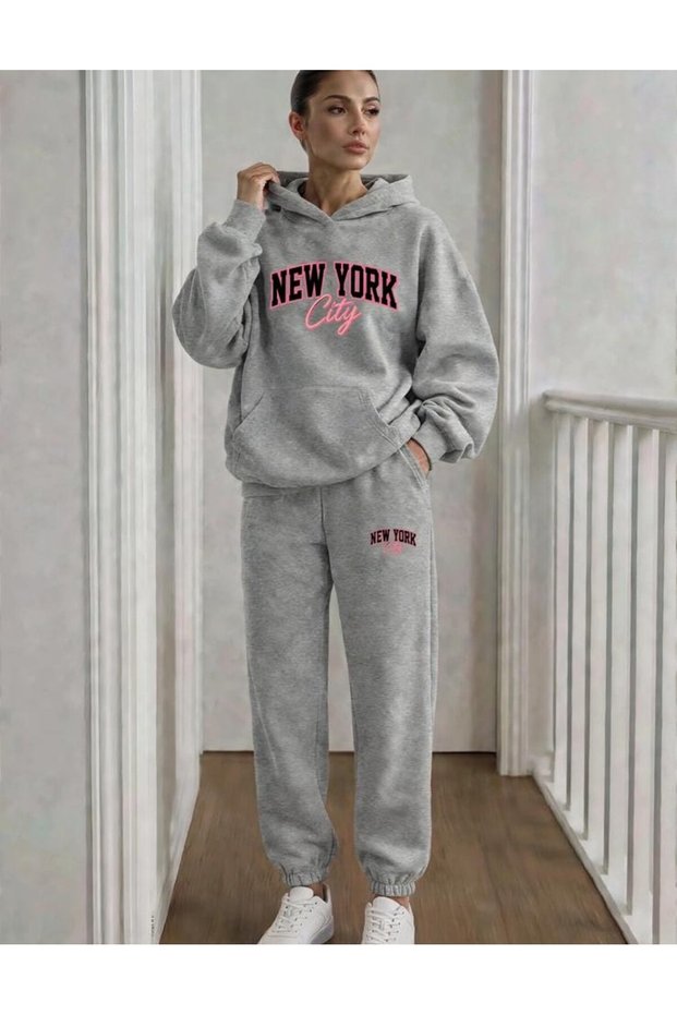 Women's Pink New York City Printed Hooded Tracksuit Set
