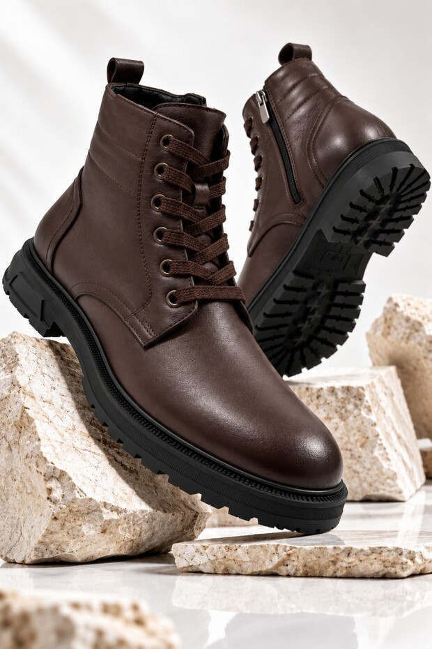 Di̇ara Genuine Leather Men's Casual Winter Boots with Laces and Zipper