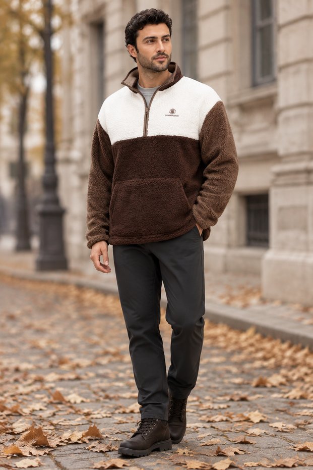 Rc-9002 Men's Ecru-Brown Half-Zip Plush Fleece Coat