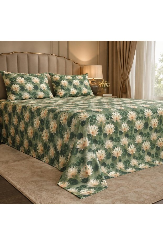 Lotus Floral Print Double Bed Sheet Set with 2 Pillow Covers