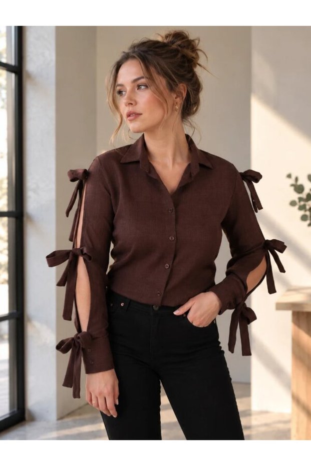 Women's Dark Brown Sleeves with Slits and Lace Detail Shirt Arm-26Y001058