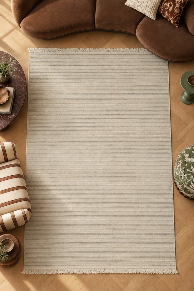 Casa Napoli Cream Beige Striped Modern Decorative Fringed Carpet