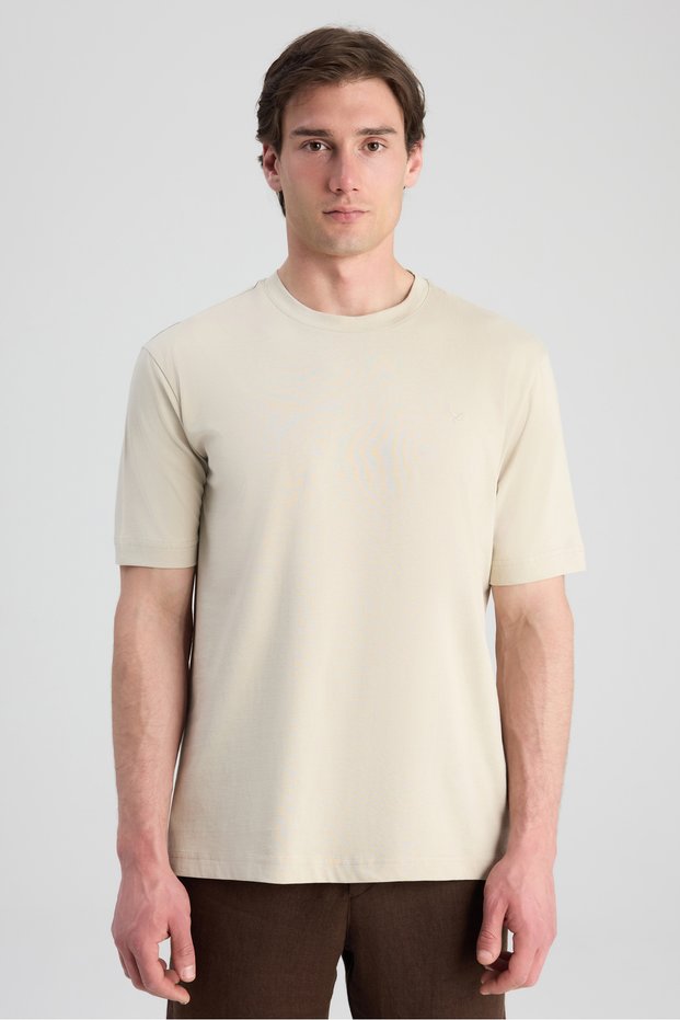 Ds Damat Regular Fit Beige Embroidered 100% Cotton Single Jersey T-Shirt