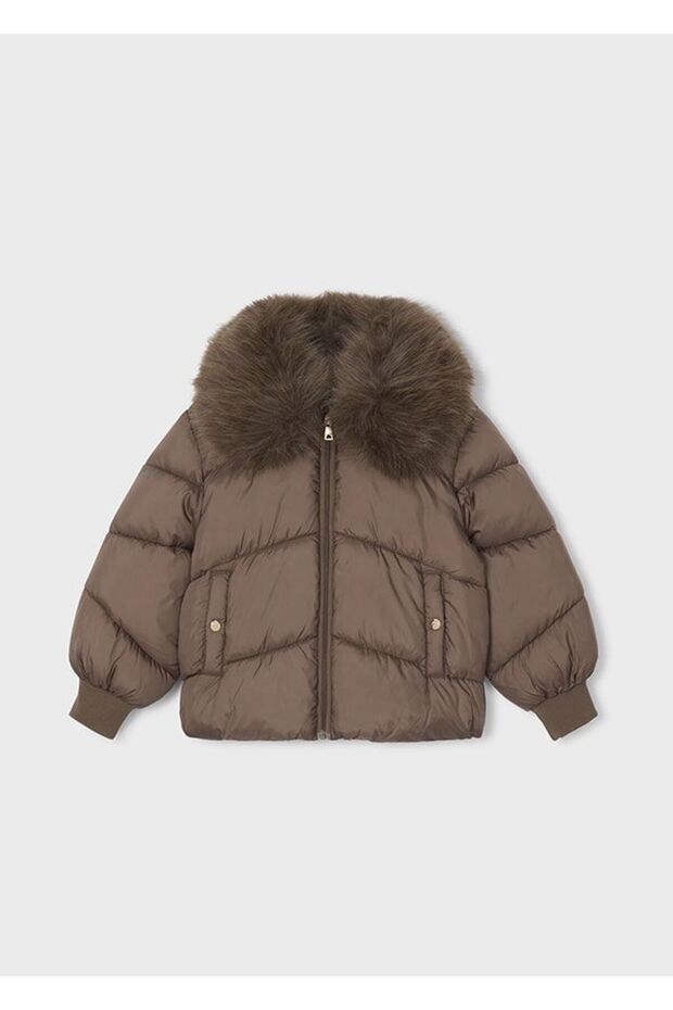 Girl's Fur Collar Puffer Coat Brown 4421
