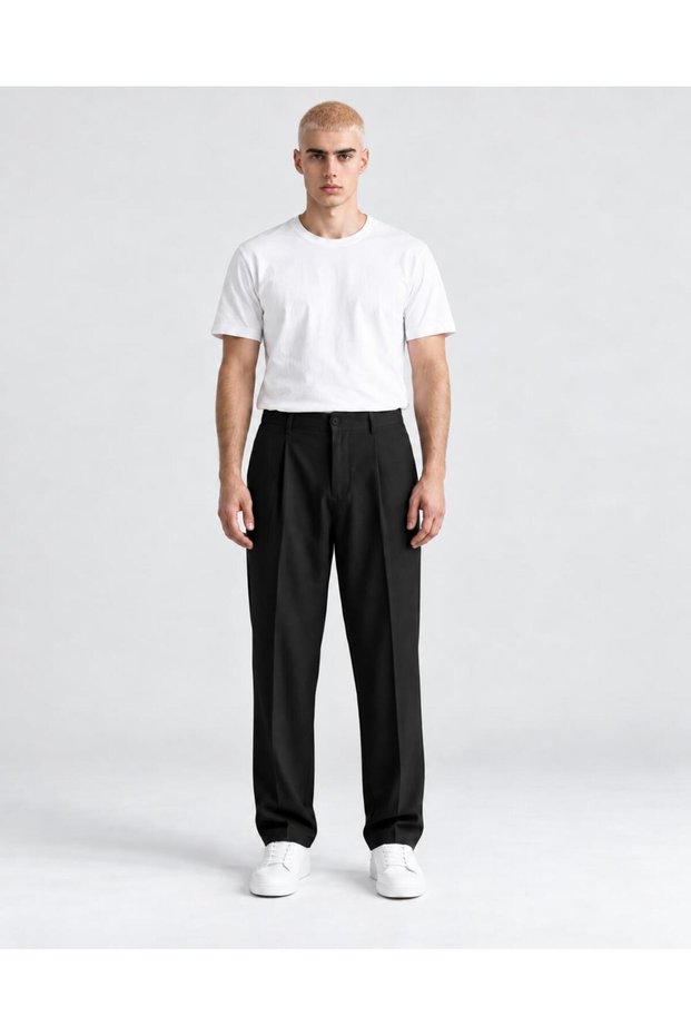 Men's Black Baggy Fabric Trousers