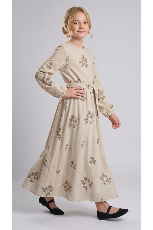 Girl's Appliqued Maxi Dress, Special Occasion Belted Full Hijab Dress, Ages 11-14