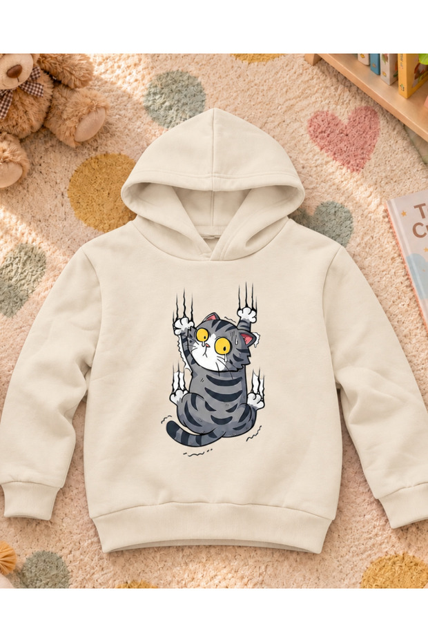 Crazy Cat Printed Hooded Unisex Kids Sweatshirt