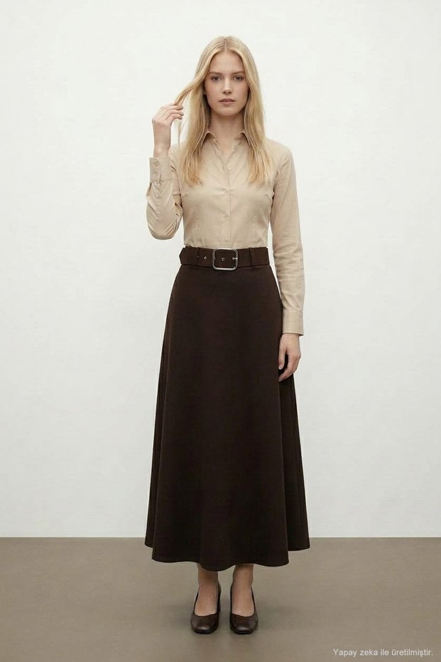 Perye Elastic Waistband Detailed Evaze A-Line Women's Long Skirt & Hijab Skirt - Brown