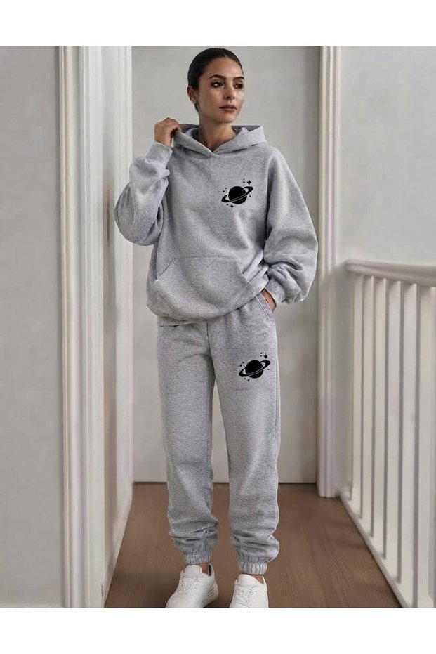 Unisex World Printed Top and Bottom Hooded Tracksuit Set