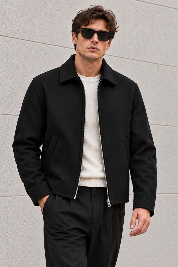 Men's Black Zippered Polo Collar Regular Fit Premium Short Cashmere Jacket-Coat