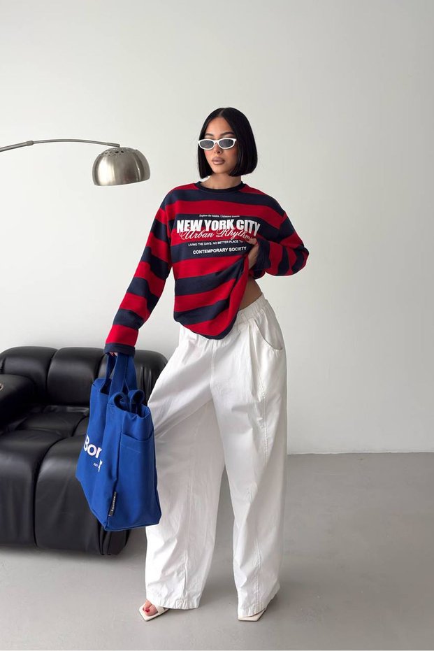 Women's Red 3-Thread Striped Oversized Printed Sweatshirt Nbg143