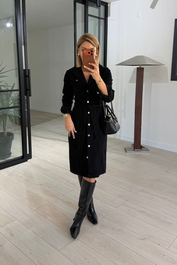 Double-Breasted Collar Buttoned Black Denim Dress