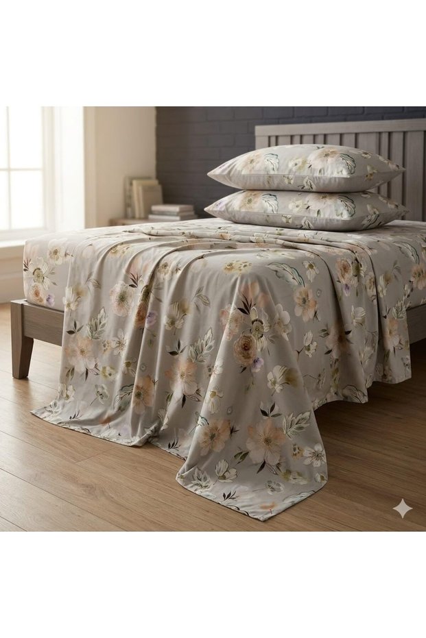 3 Pieces Flat Bedsheet Set with Floral Pattern King Size Bed Pillow Cover Set with 1 Bedsheet, 2 Pillow Cover Bedding Set King (U.K. Standard)) (Light Gray Floral., King (U.K. Standard))