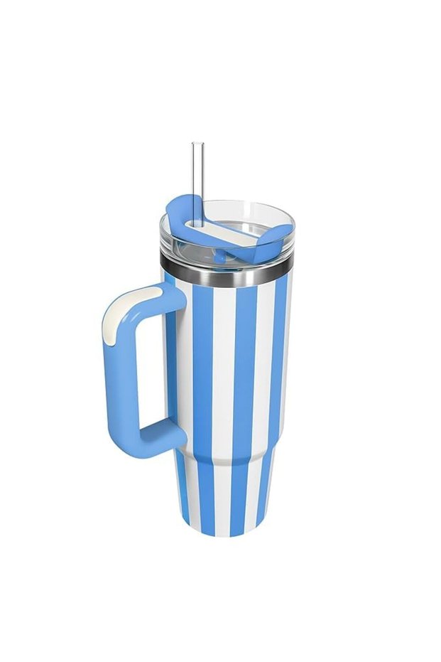 Insulated Tumbler with Handle and Straw, Blue and White Striped, Stainless Steel, 30oz