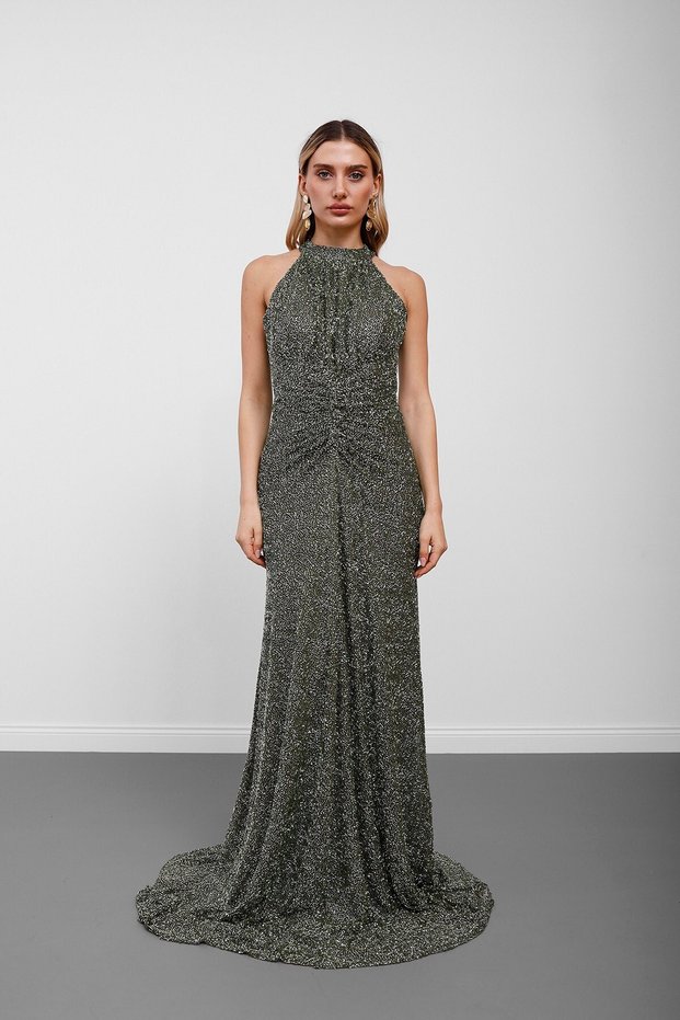Green Halter Neck Sequined Ruched Evening Dress