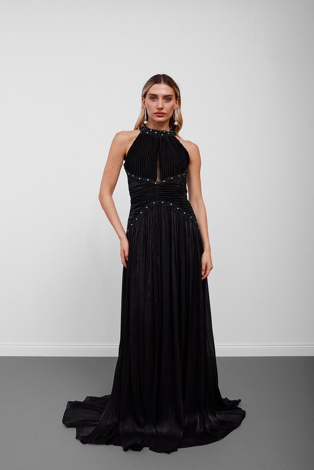 Black Halter Neckline Stone Embellished Pleated Chiffon Evening Dress