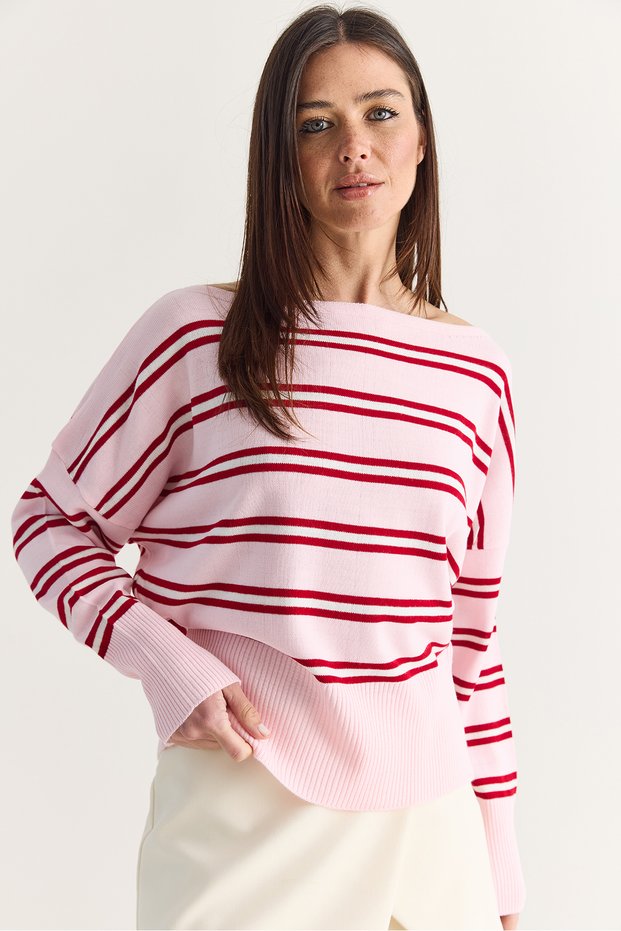 Women's Dusty Pink Striped Boat Neck Off-Shoulder Oversized Knit Sweater 60286767