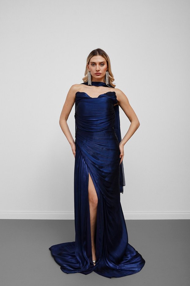 Navy Blue Strapless Draped Chiffon Fabric Evening Dress with Scarf