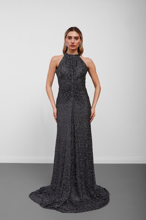 Anthracite Halter Neck Sequined Gathered Evening Dress