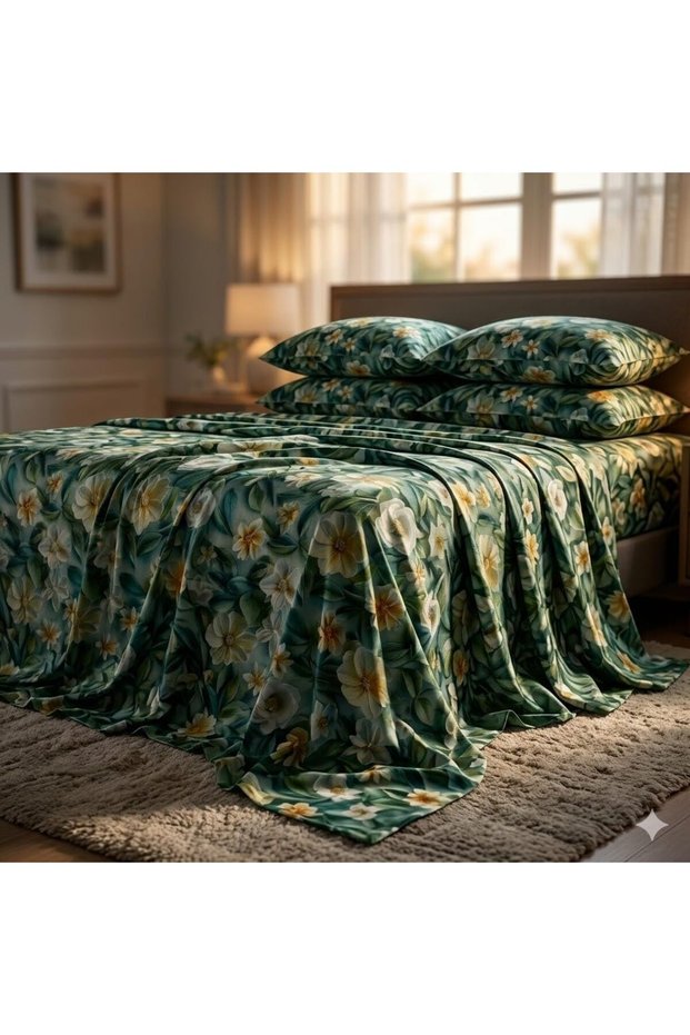 Luxury King Size Bedding Set 3-Piece | Digital Floral Bedsheet | Wrinkle-Free & Easy Care and 1 Flat Bedsheet & 2 Pillow Covers. King (U.K. Standard)) (Green!, King (U.K. Standard))