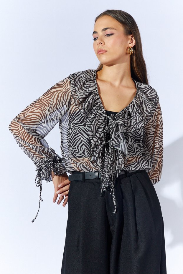 Ruffled Leopard Print Chiffon Blouse with Tie Detail - Zebra | Ek1001710133