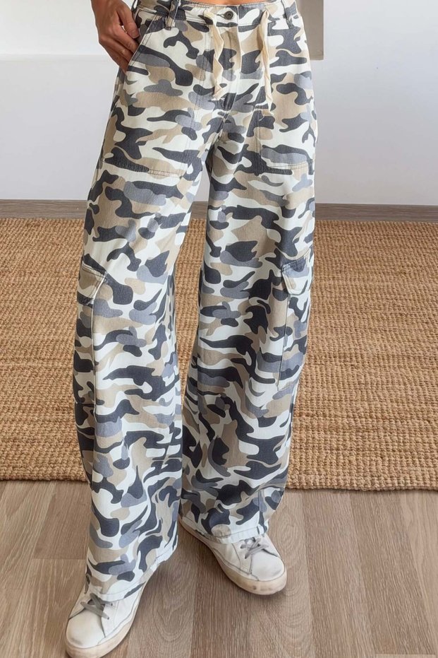 Gray Camouflage Patterned Cargo Pocket Trousers