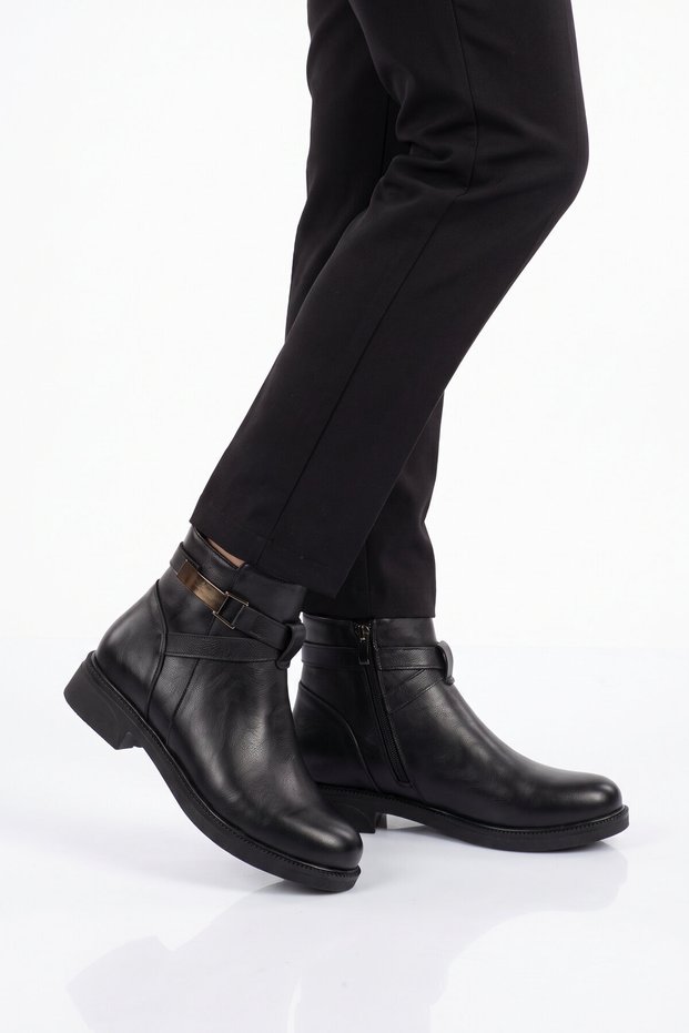 Black Leather Zippered Ankle Strap Stylish Comfortable Women's Boots