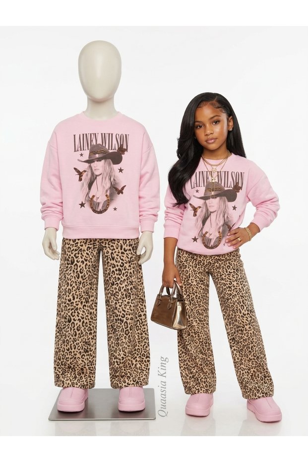 Pink Leopard Patterned Lainey Wilson Printed Top Pink Sweat Bottom-Top Children's Set