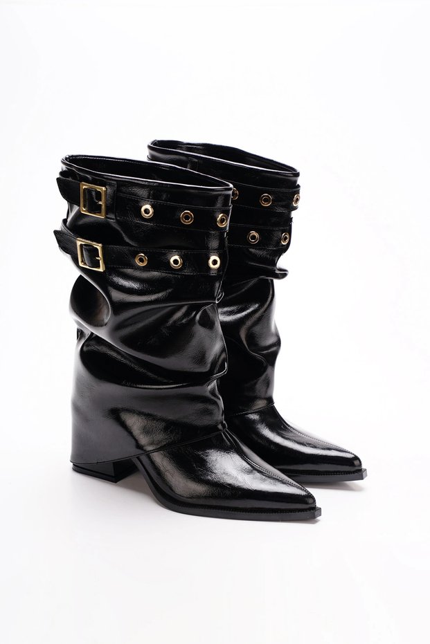 Black Wrinkled Patent Leather Pointed Toe Buckle Drawstring Women's Boots
