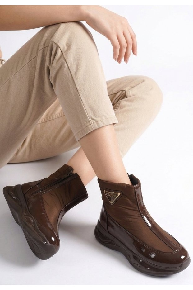 Brown Patent Leather Women's Flat Boots with Zipper