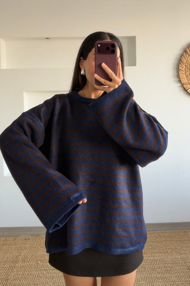 Coffee and Navy Blue Striped Wide Sleeve Soft Sweater