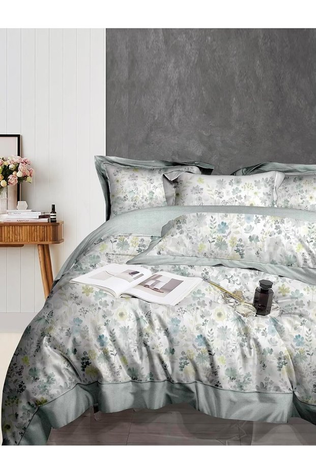 3 Pieces Flat Bedsheet Set with Floral Pattern King Size Bed Pillow Cover Set with 1 Bedsheet, 2 Pillow Cover Bedding Set (Cream Blue, King (U.K. Standard)) (Green Floral, King (U.K. Standard))