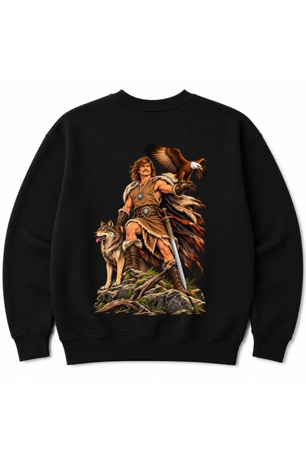 Graphic Cotton Crew Neck Sweatshirt with Wolf, Eagle and Warrior Figures