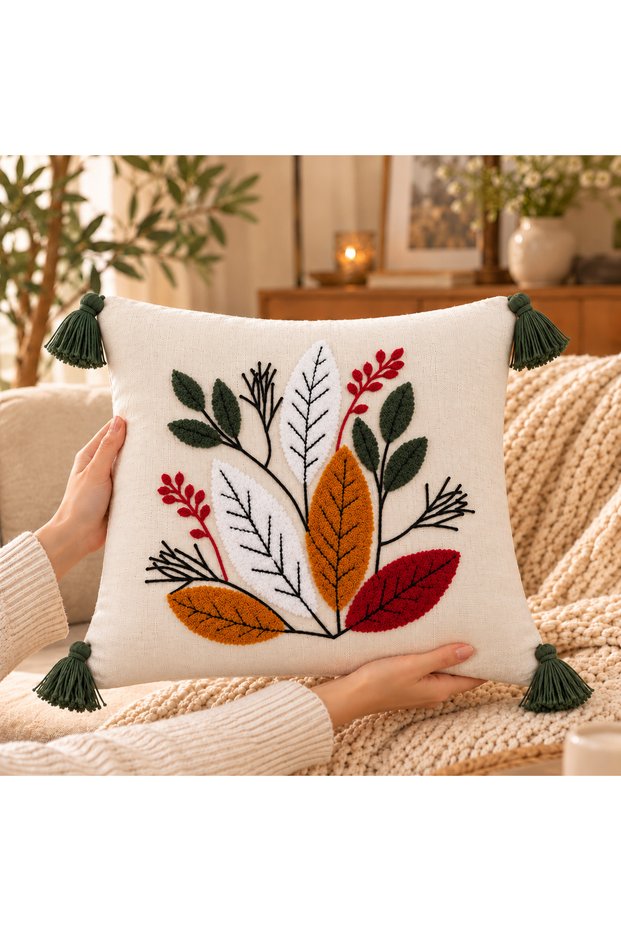2-Piece Punch Embroidered Tasseled Decorative Throw Pillow Cover