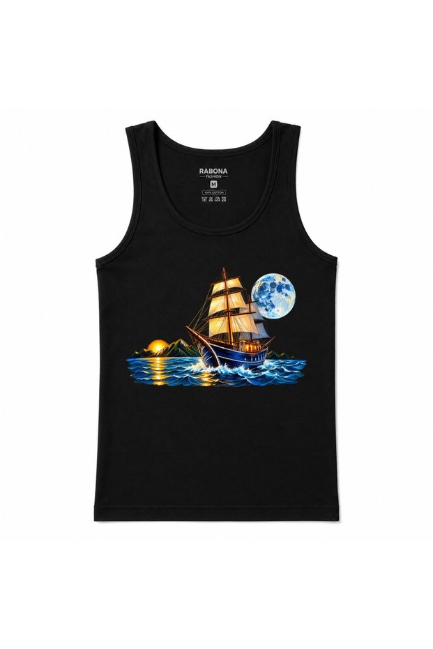 Moonlit Voyage – Full Moon and Sunset Sailing Ship Printed Men's Tank Top
