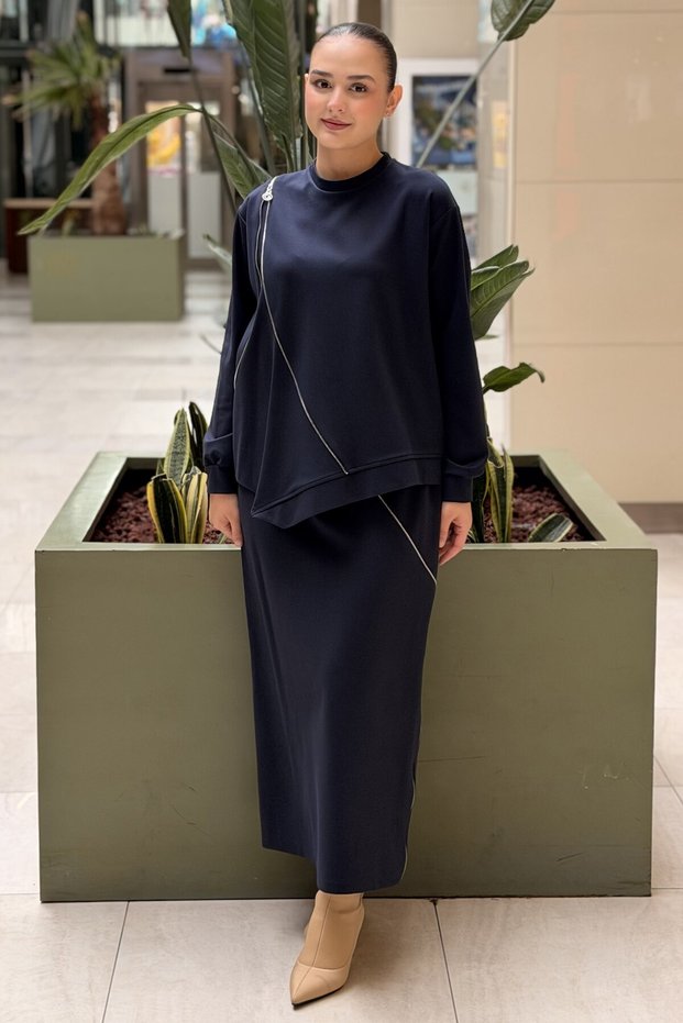 Luna Skirt Set with Cross Zipper Detail on Blouse and Skirt