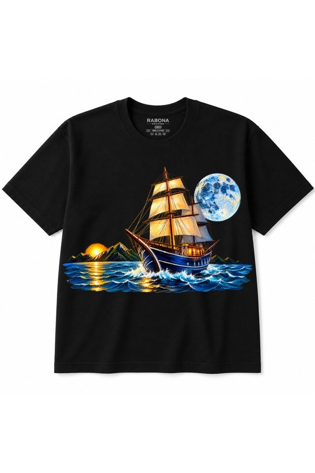 Moonlit Voyage – Full Moon and Sunset Sailing Ship Printed Crew Neck T-Shirt
