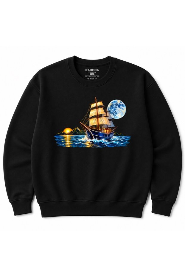 Moonlit Voyage – Full Moon and Sunset Sailing Ship Printed Crew Neck Sweatshirt