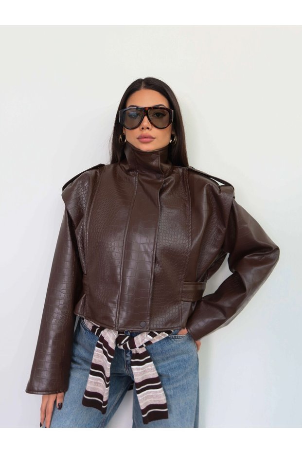 Epaulet stand collar leather jacket