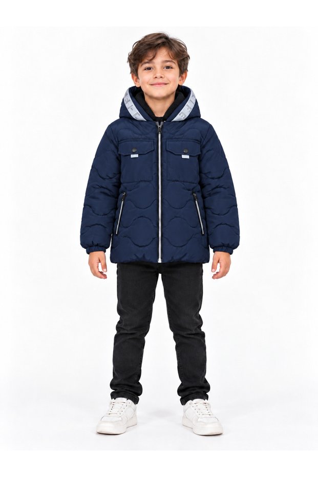 82510-26 Boy's Hooded Plush Lined Quilted Coat with Zipper and Snap Pockets, Ages 6-9