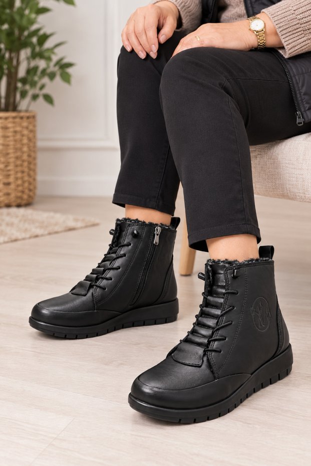 Cooka Shoes Women's Genuine Leather and Fur Lined Zippered Lace-Up Black Winter Boots