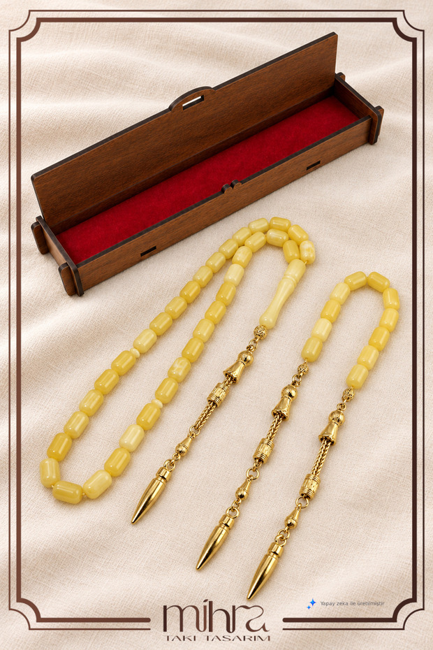 Beirut Powder Amber Prayer Beads and Zaza Set – Yellow Capsule Cut 33 Pieces - Bullet Bullet Tip Hanging Apparatus